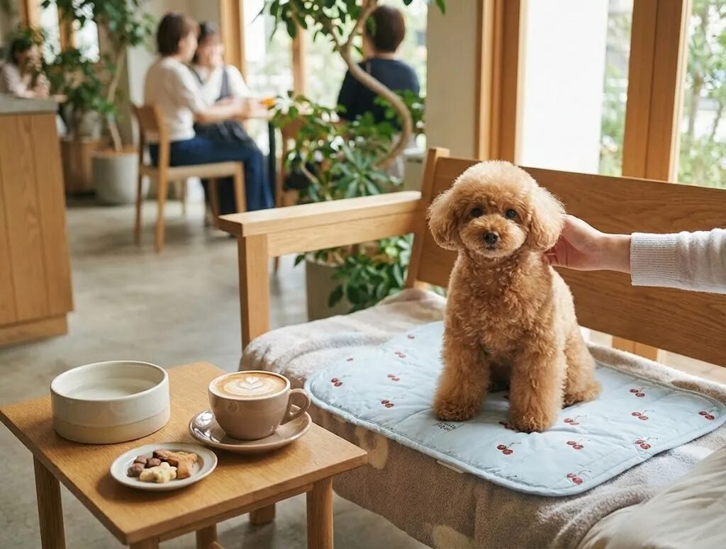 カフェマットに座る犬