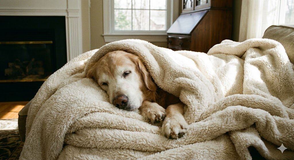 毛布に包まる老犬