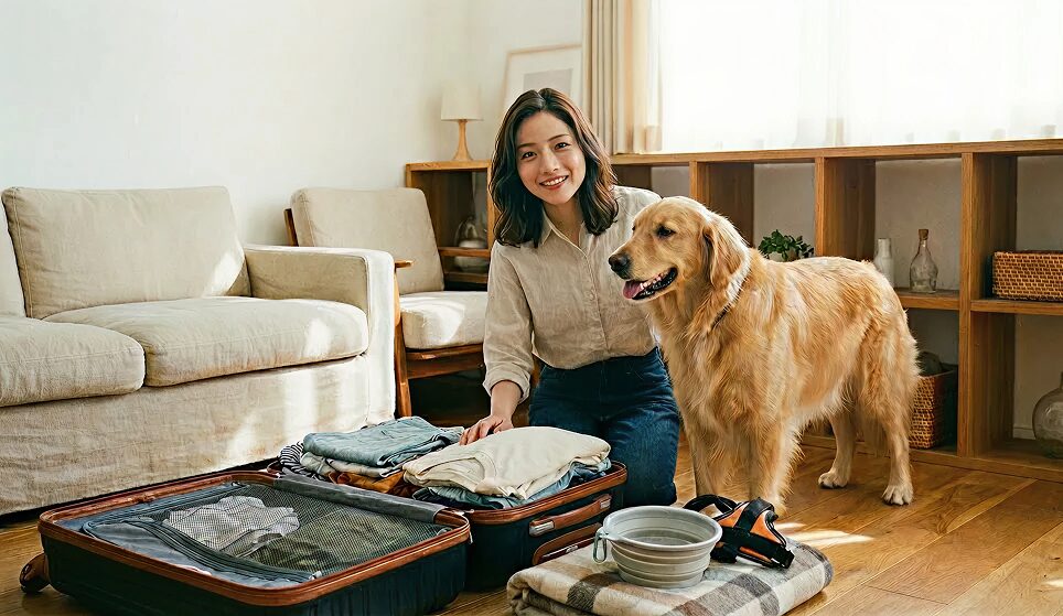 犬とのお泊まり旅行の準備をする女性と愛犬が明るい室内でスーツケースを開いている様子