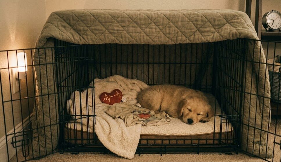 子犬がクレートの中で落ち着いて休んでいる様子の写真