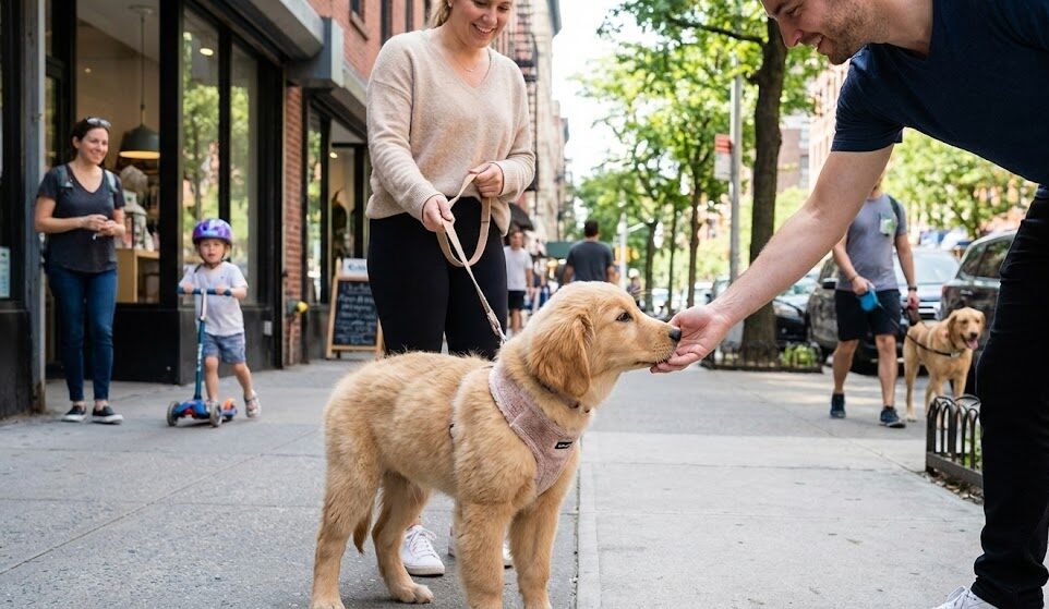子犬が外の環境や人に慣れるために散歩する社会化トレーニング写真