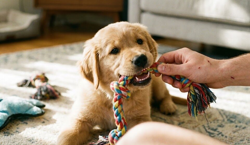 子犬がおもちゃを噛んで遊びながら噛む力を学習している写真
