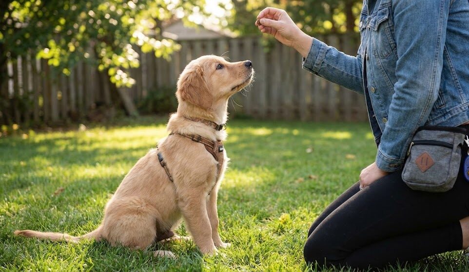 子犬が“おすわり”をして飼い主を見上げているトレーニング写真