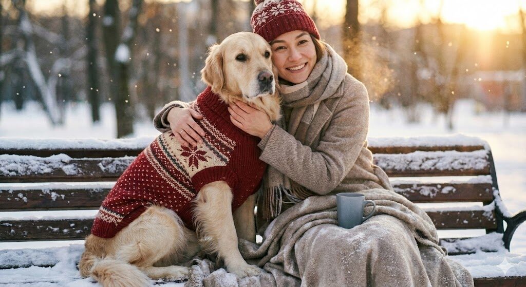 飼い主と寄り添う老犬