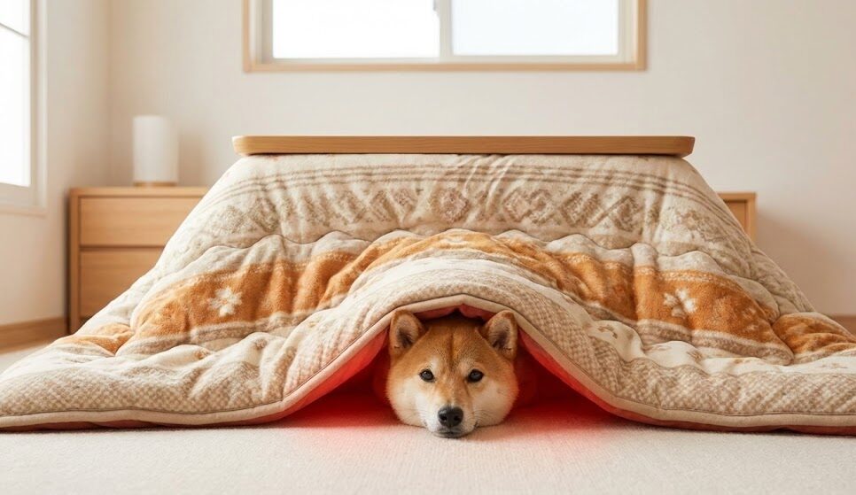 こたつに入っている犬