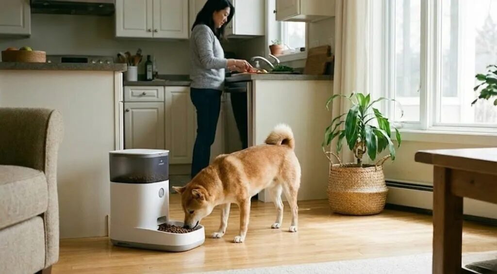 リビングやキッチンの床に自動給餌器を設置し、犬が実際に使っている様子がわかる、サイズ感と生活動線が伝わる写真