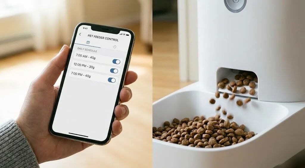 スマホ画面に給餌時間や量が複数設定されているアプリ画面と、フードが排出されている様子が一目でわかる