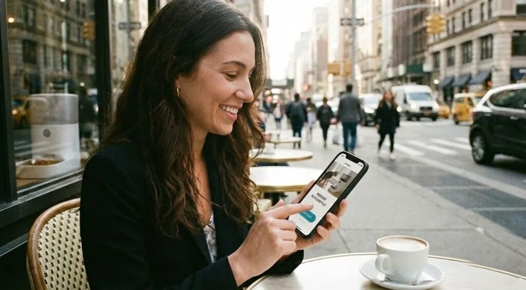 外出先でスマホを操作しながら給餌器を管理しているシーン