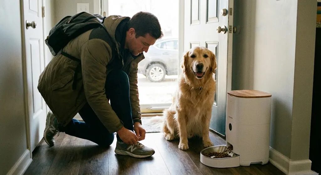外出準備をしている飼い主が玄関で靴を履いている横で犬が自動給餌器の前にいる様子