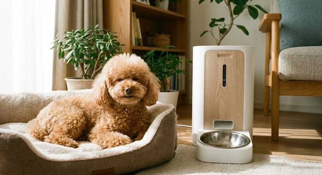部屋に馴染んだ自動給餌器の全体像と、食後に満足そうにくつろいでいる犬(トイプードル)の様子が写った写真