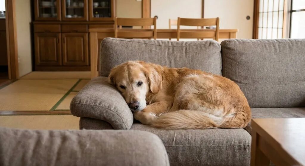 正月明けに元気がなく、伏せて過ごす犬の様子