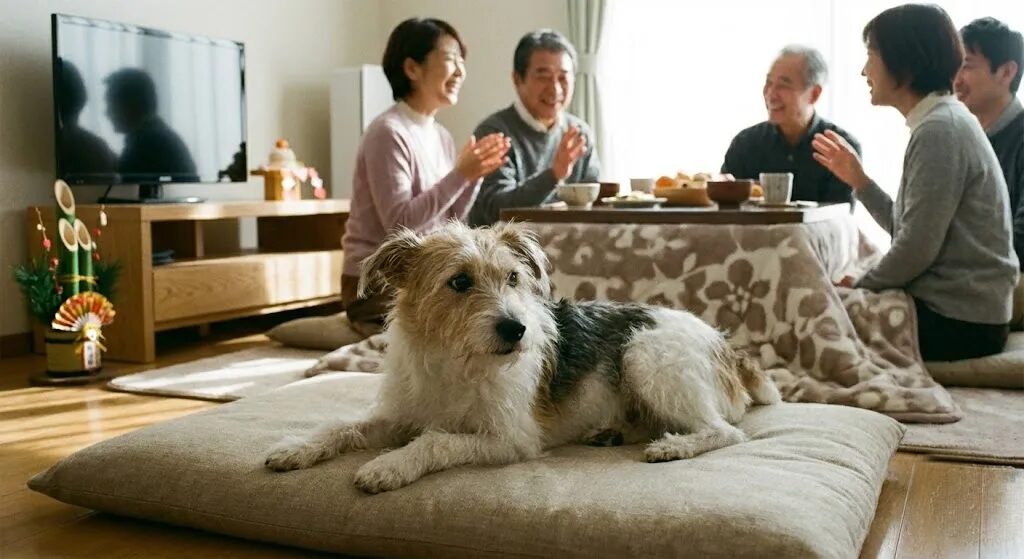 年末年始の来客で落ち着かない環境にいる犬