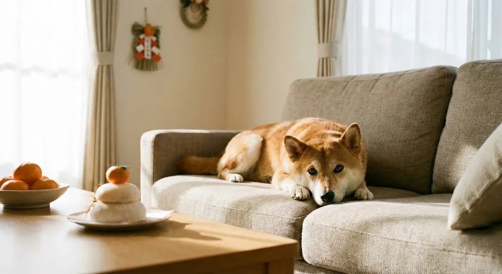 正月明けに元気がなく、伏せて過ごす犬の様子
