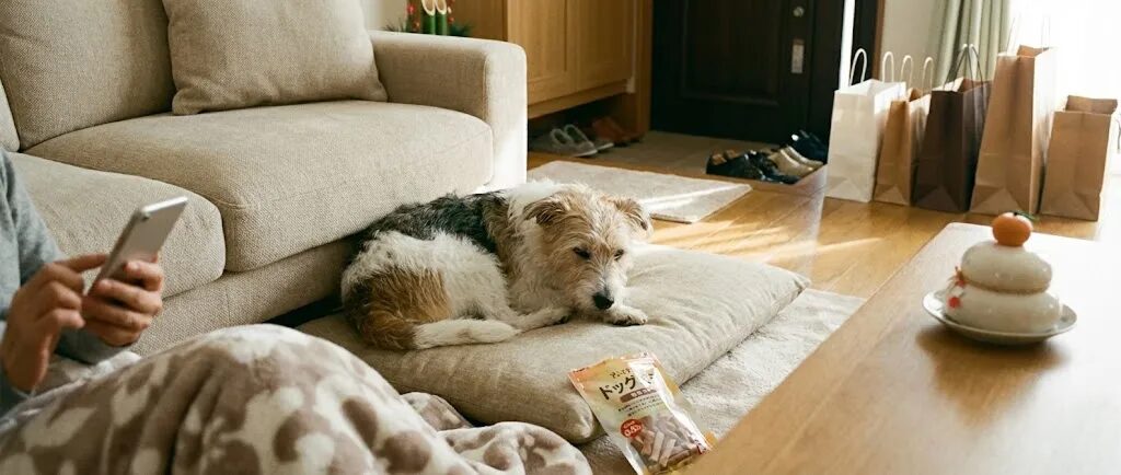 正月明けに疲れて休む犬