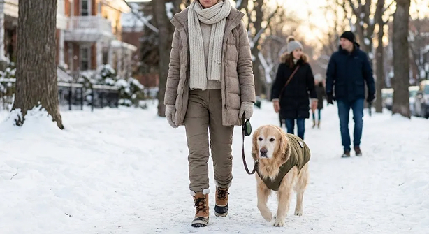 防寒具を着て散歩する犬