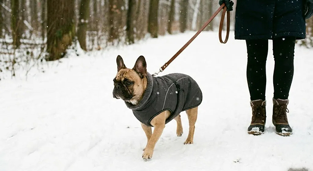 防寒具を着て散歩する小型犬