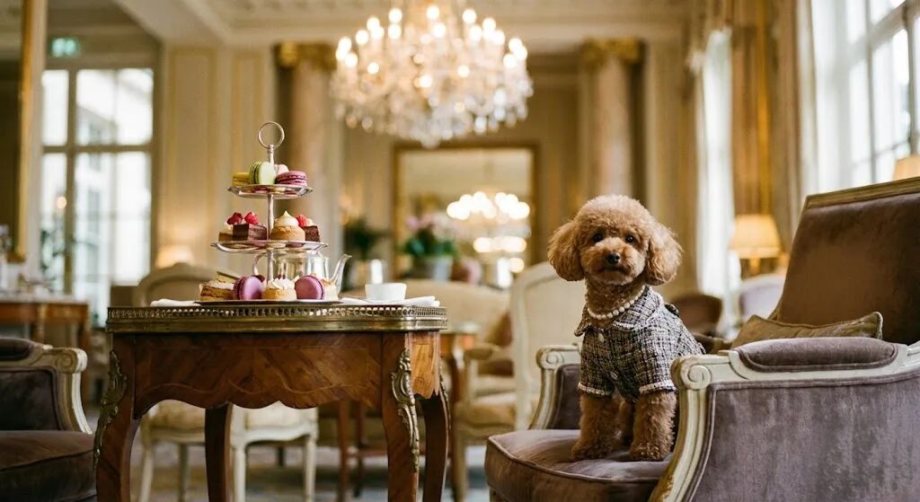 高級ホテルのラウンジ。スタンドに並べられた美しいスイーツと、おめかしをしたトイプードルが椅子に座ってこちらを見ている。