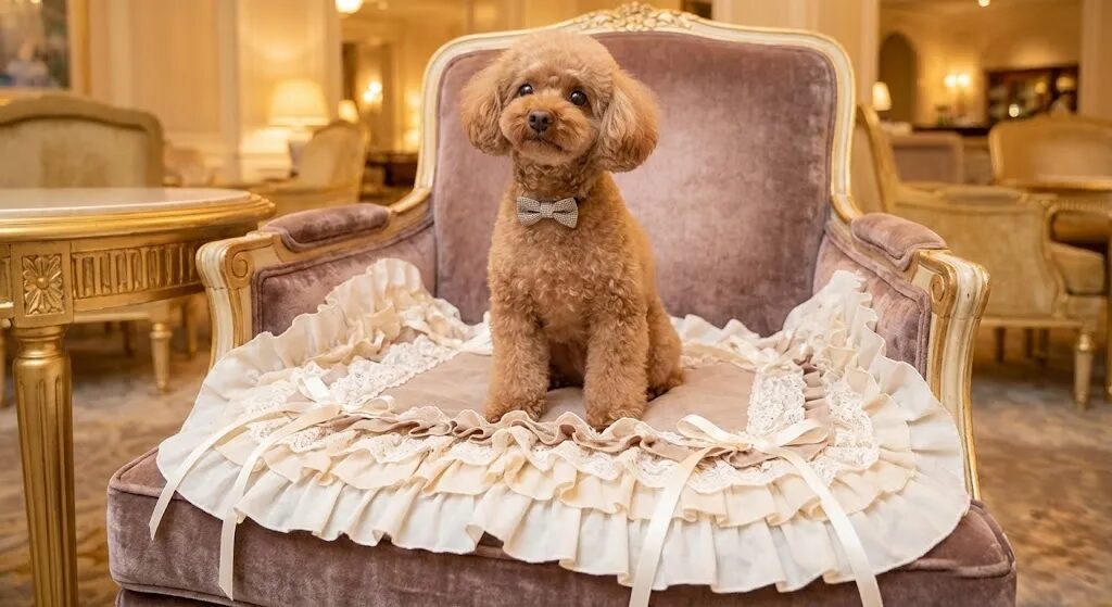 「フリルやレース付きのカフェマット」が敷かれていて、その上にちょこんと犬がお座りしている。