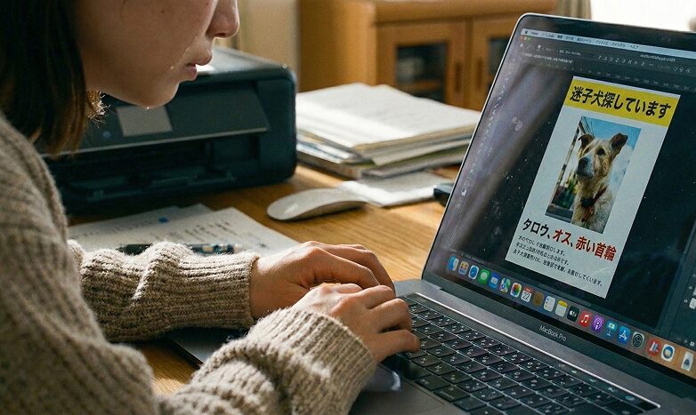 いなくなった迷子の犬の特徴が書いてあるポスターを作成する飼い主