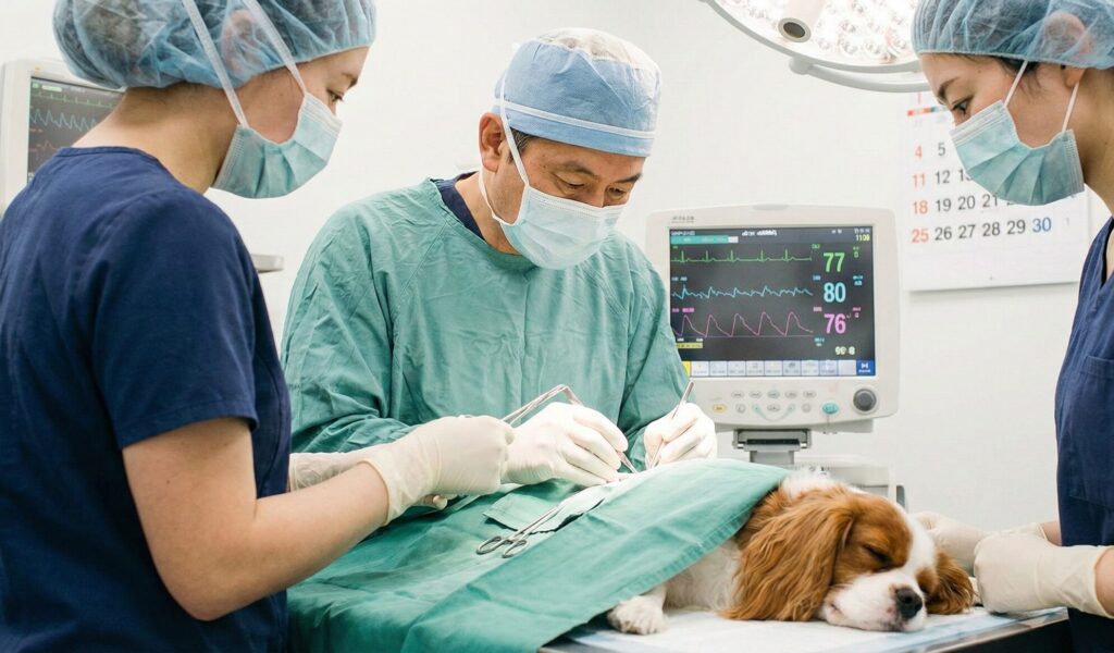 去勢手術中で麻酔で眠っている犬
