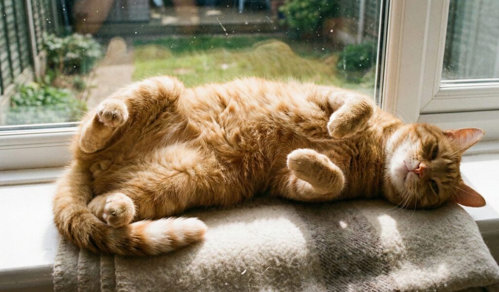 猫が窓際に寝転んでいる