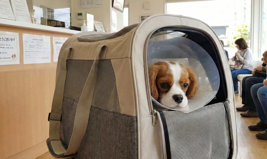 手術が終わり、エリザベスカーラーをつけている犬