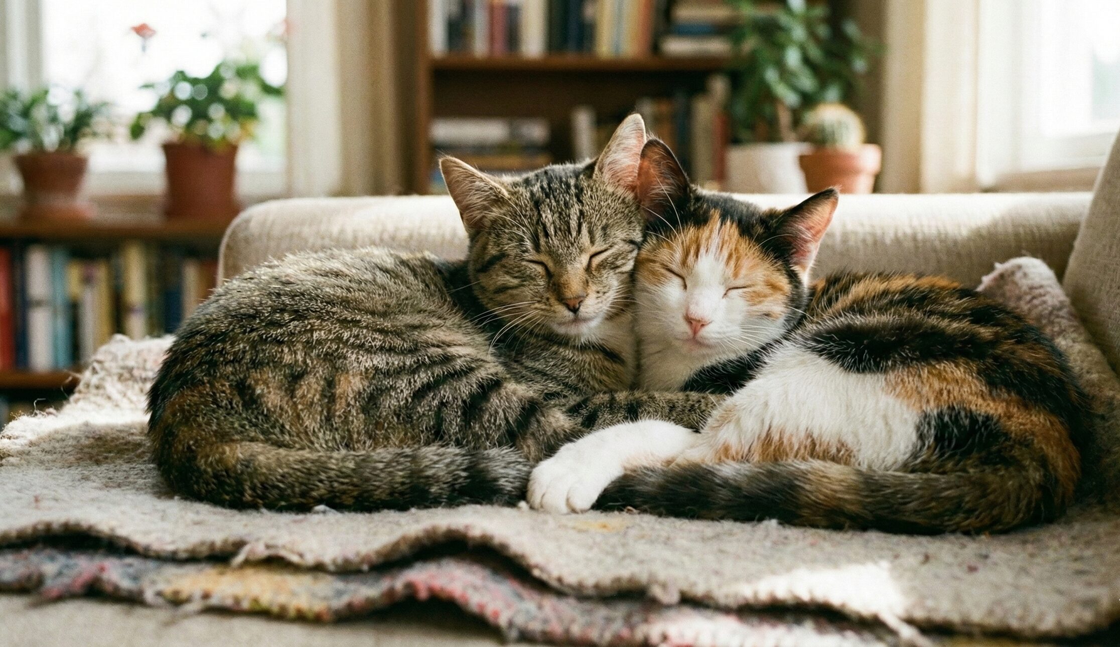 2匹の猫が室内に体を寄せ合い寝転んでいる