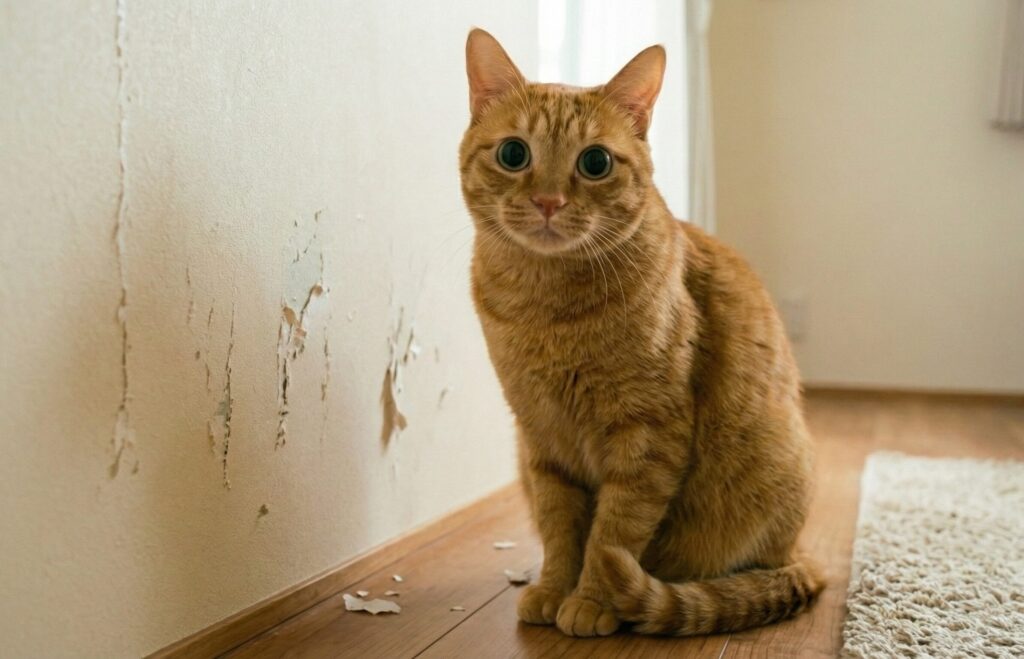 壁をボロボロにした目が大きい猫