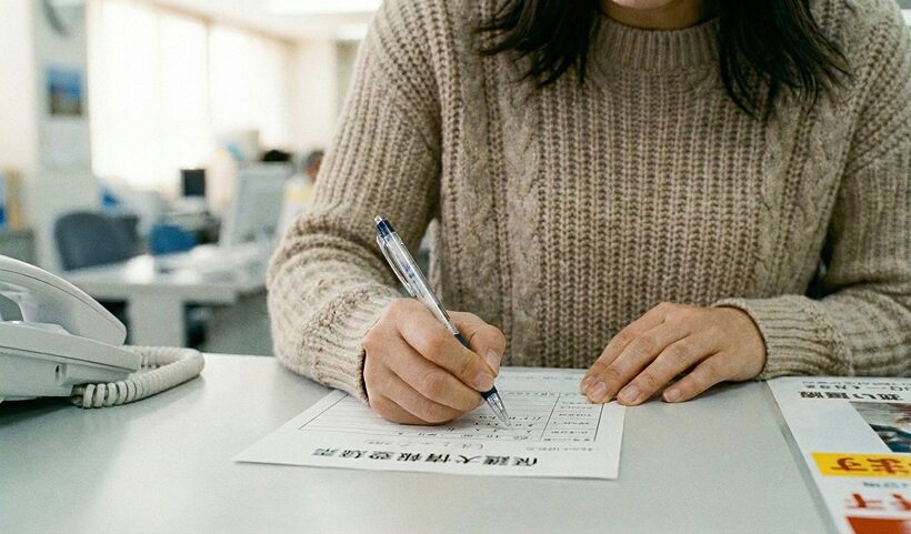 保健所で迷子の犬の情報を記入している飼い主