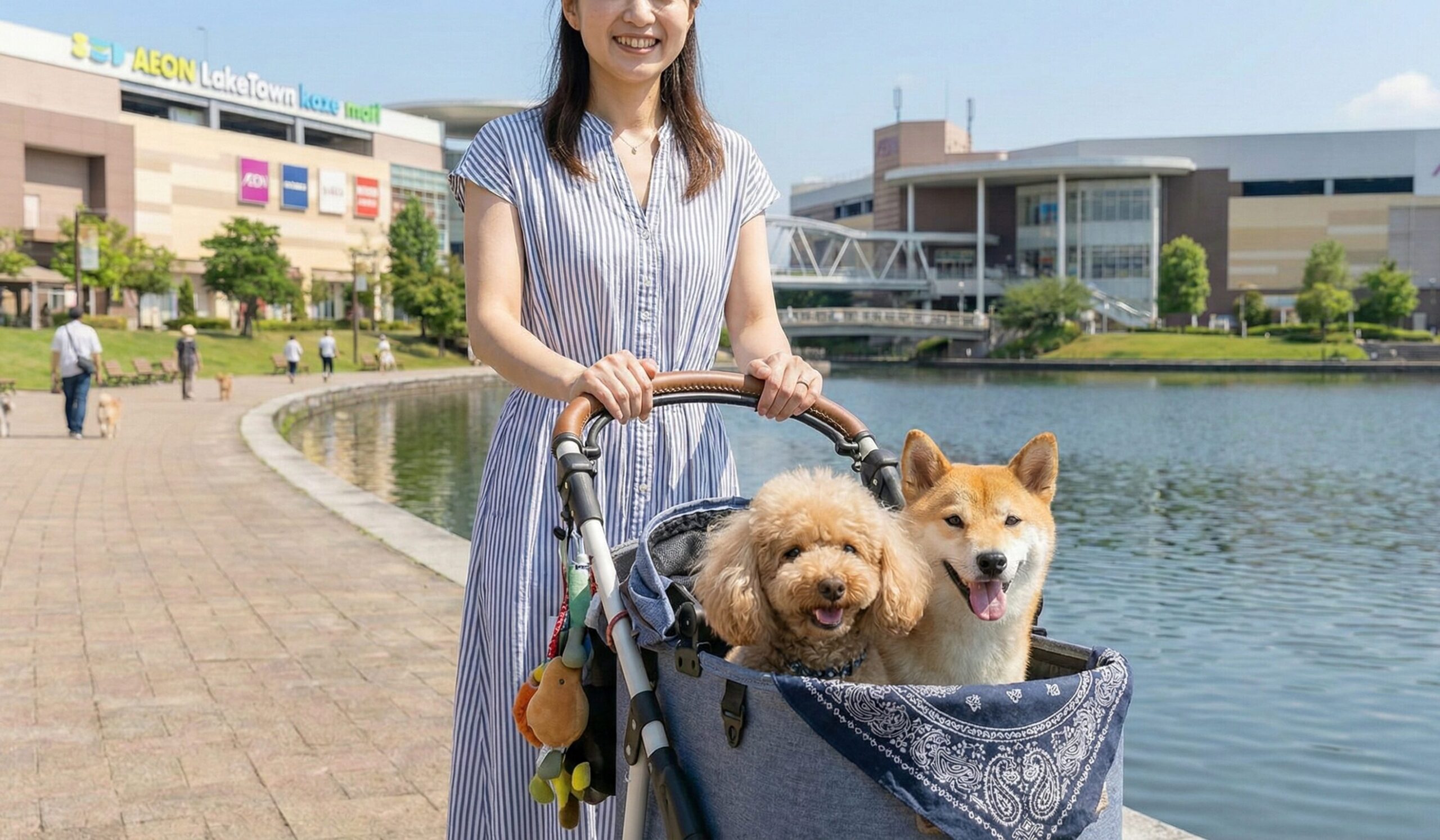 レイクタウンでペットートに乗る２匹の犬