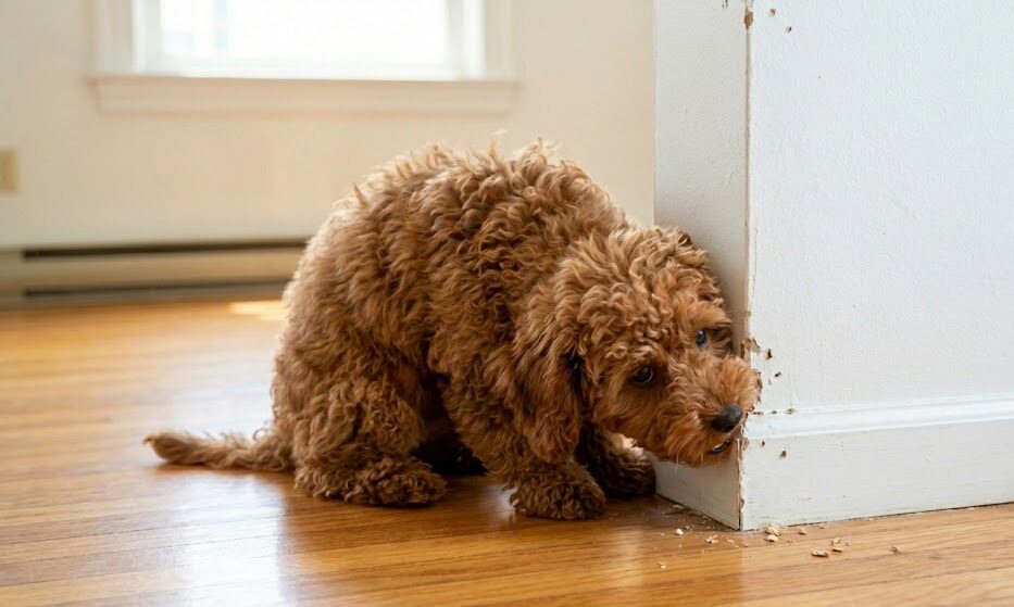 壁をカリカリ噛んでいるトイプードル