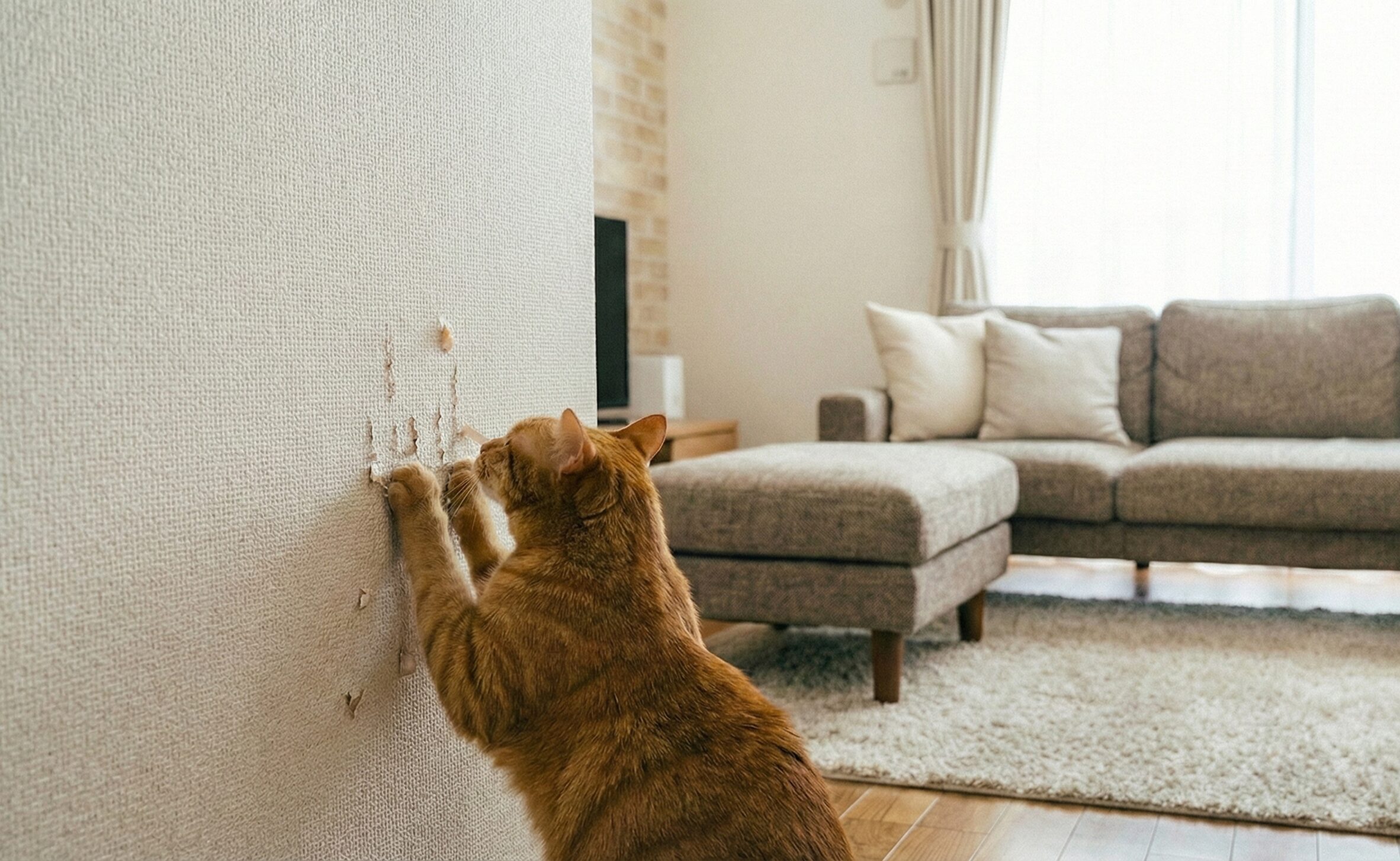 猫が部屋の壁で一生懸命に爪研ぎをしている