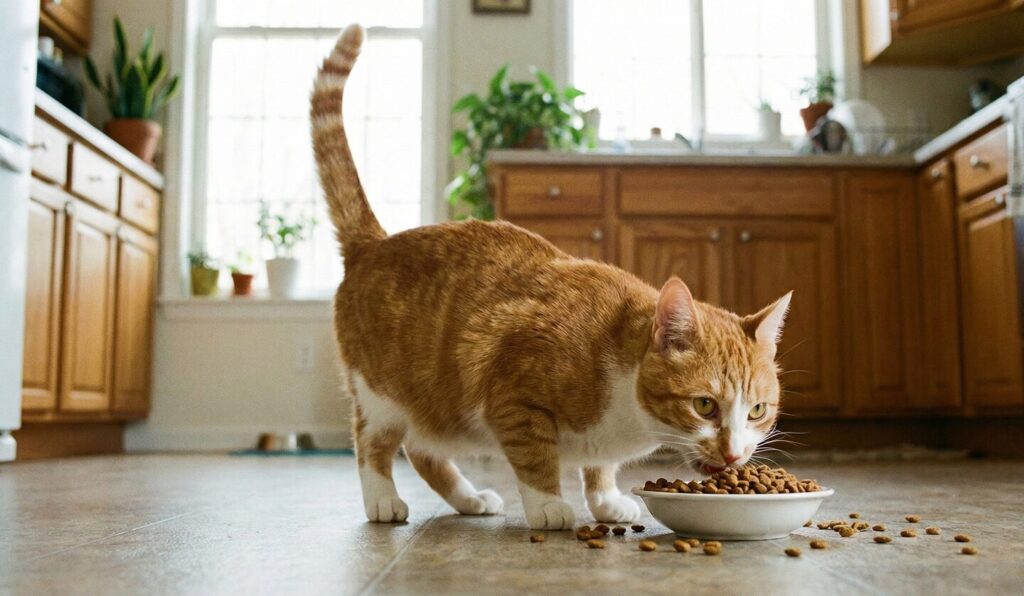 健康そうに猫のご飯を食べている最中の茶色の猫