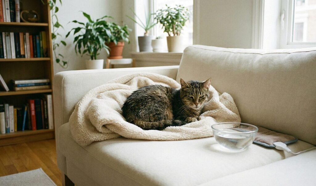 ソファーの上に座り込んでいる具合の悪そうな猫