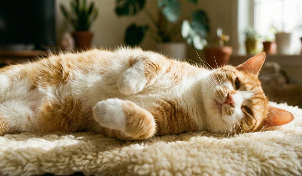 室内でもふもふのクッションの上に寝転んでいる猫