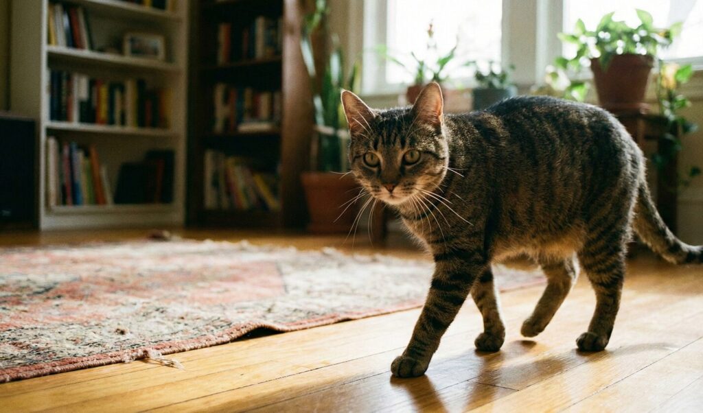 日中の室内をゆっくり歩いているキジトラ