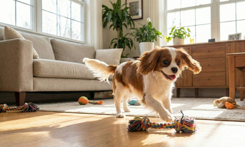 去勢手術が終わり楽しく室内で遊んでいる犬