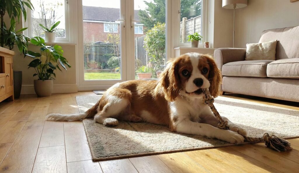 室内で一人でくつろいでいる子犬