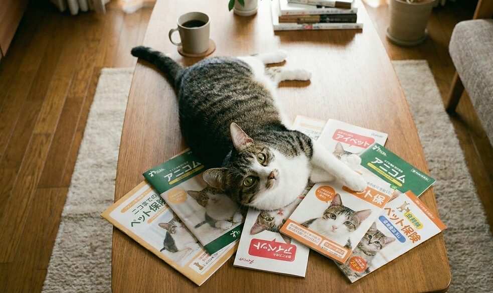 猫が保険のパンフレットの上に乗っている