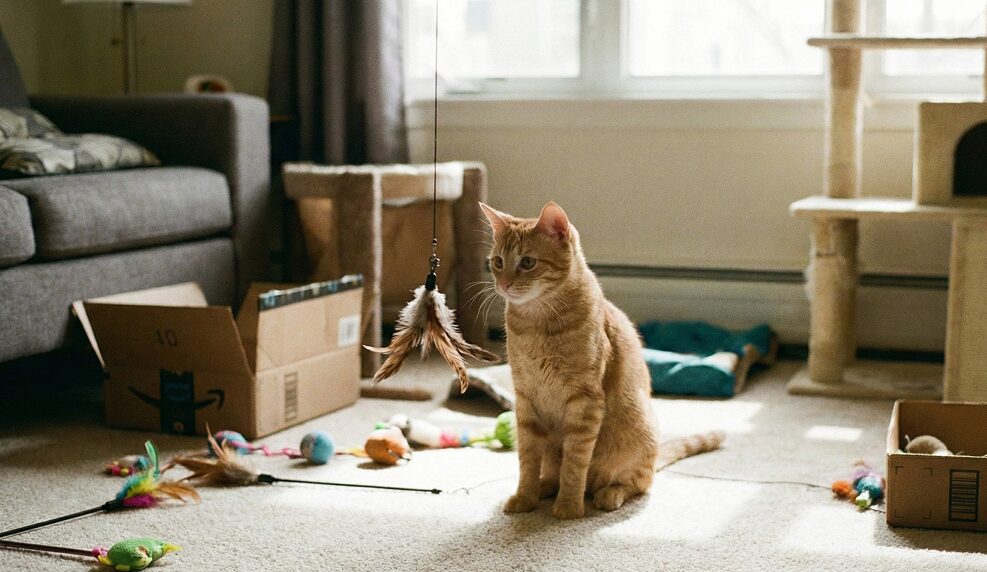 おもちゃが散乱している室内で大人しくしている茶色猫