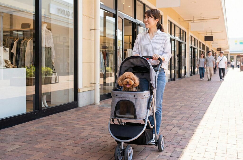 ペットカートでアウトレットの外を移動している女性と犬