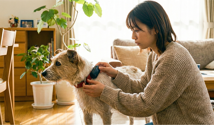 迷子になる前に飼い犬に追跡機械がついた首輪をつける飼い主