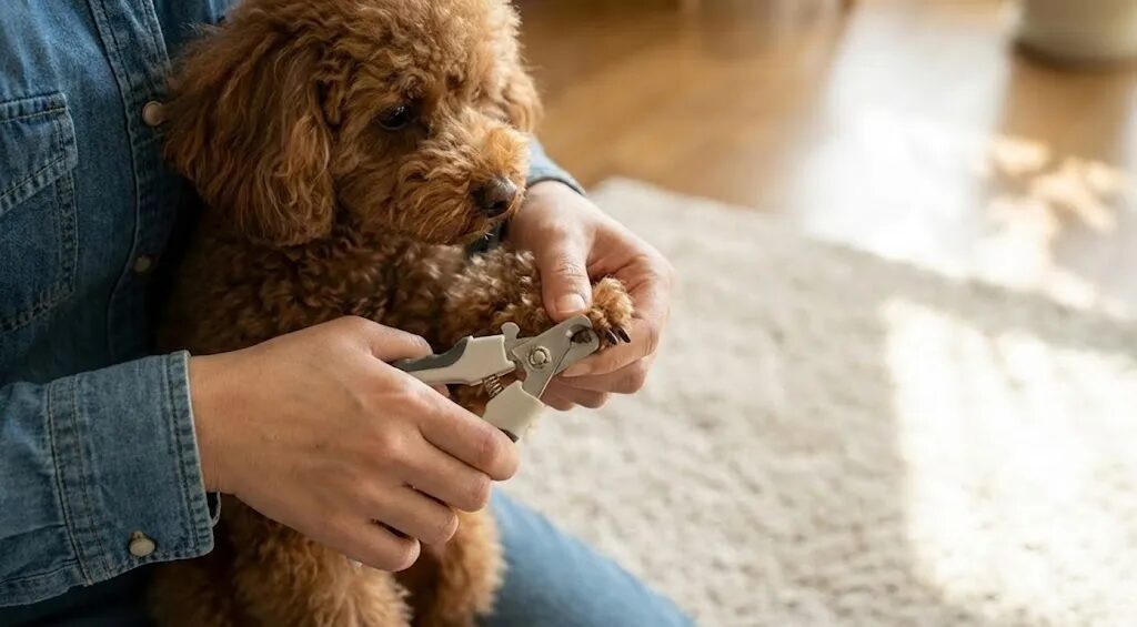 飼い主が犬の爪を切っている