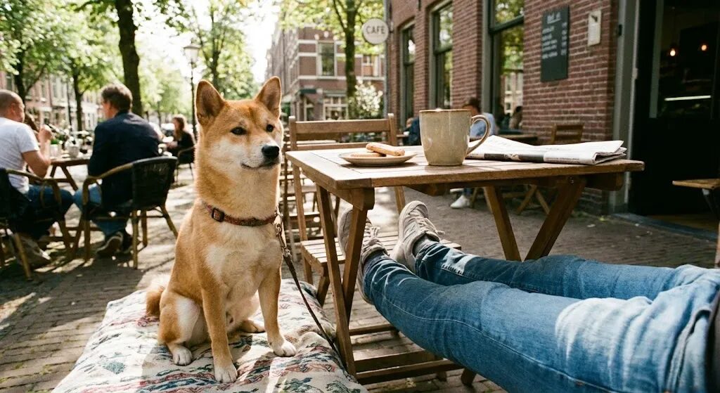 カフェでリラックスしている犬と飼い主