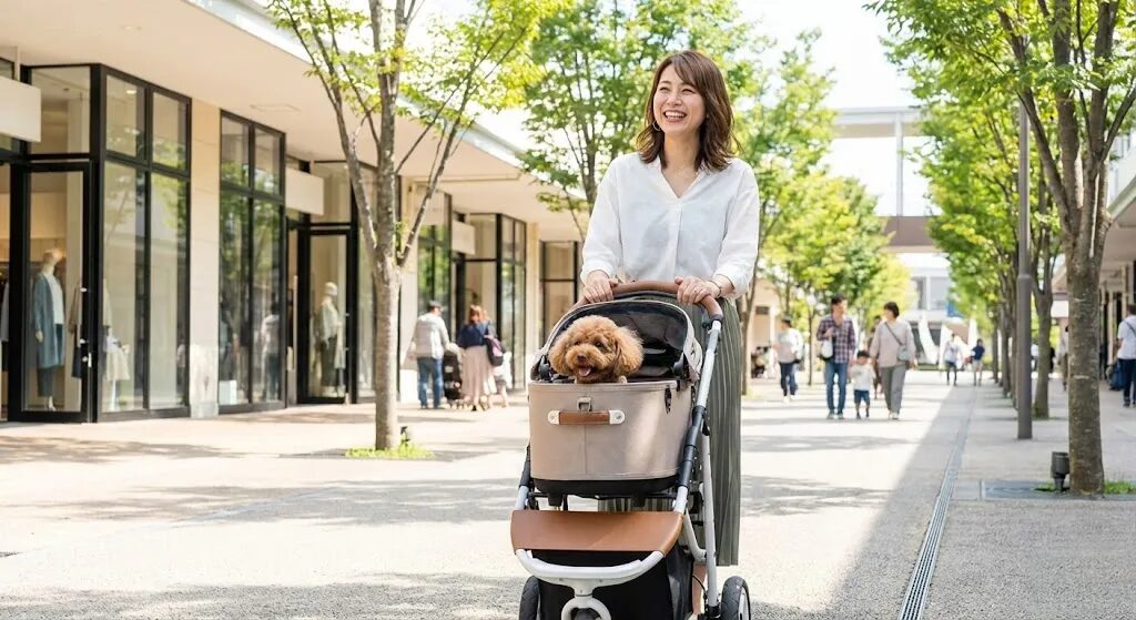 ペットカートに犬を乗せて買い物を楽しむ飼い主