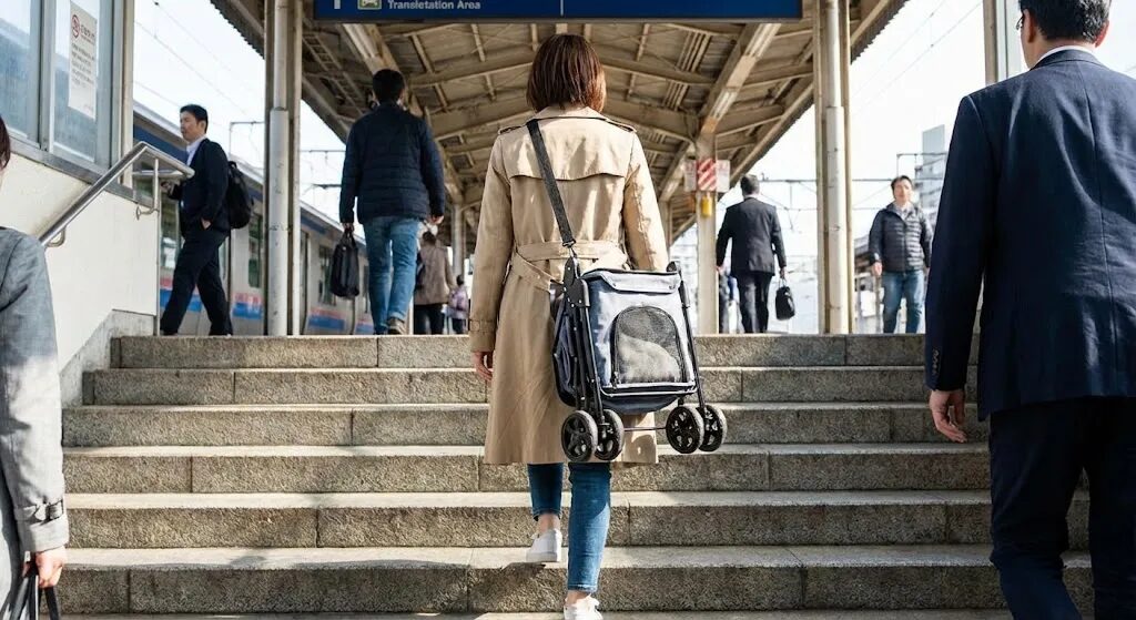 階段を登るために折りたたんだ軽量ペットカートを片手で持ち上げている女性