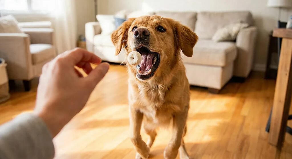 おやつを食べようとしている犬