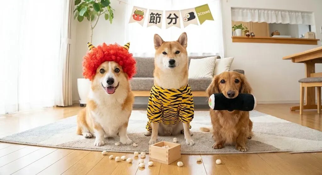 節分を楽しんでいる犬