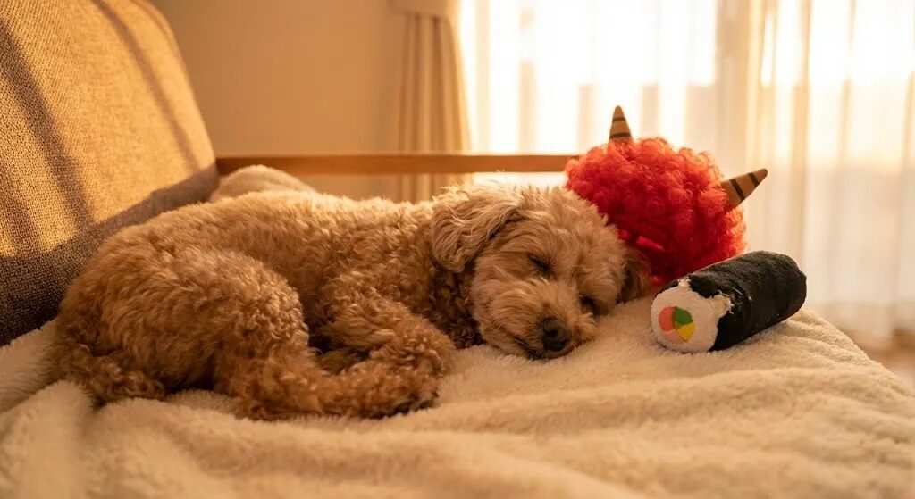 節分で疲れて眠っている犬