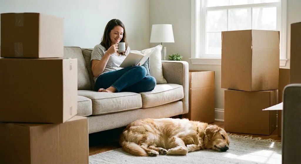 引っ越し先の新居で使い慣れた毛布やベッドの匂いを嗅ぎ、安心してくつろぐペットの様子